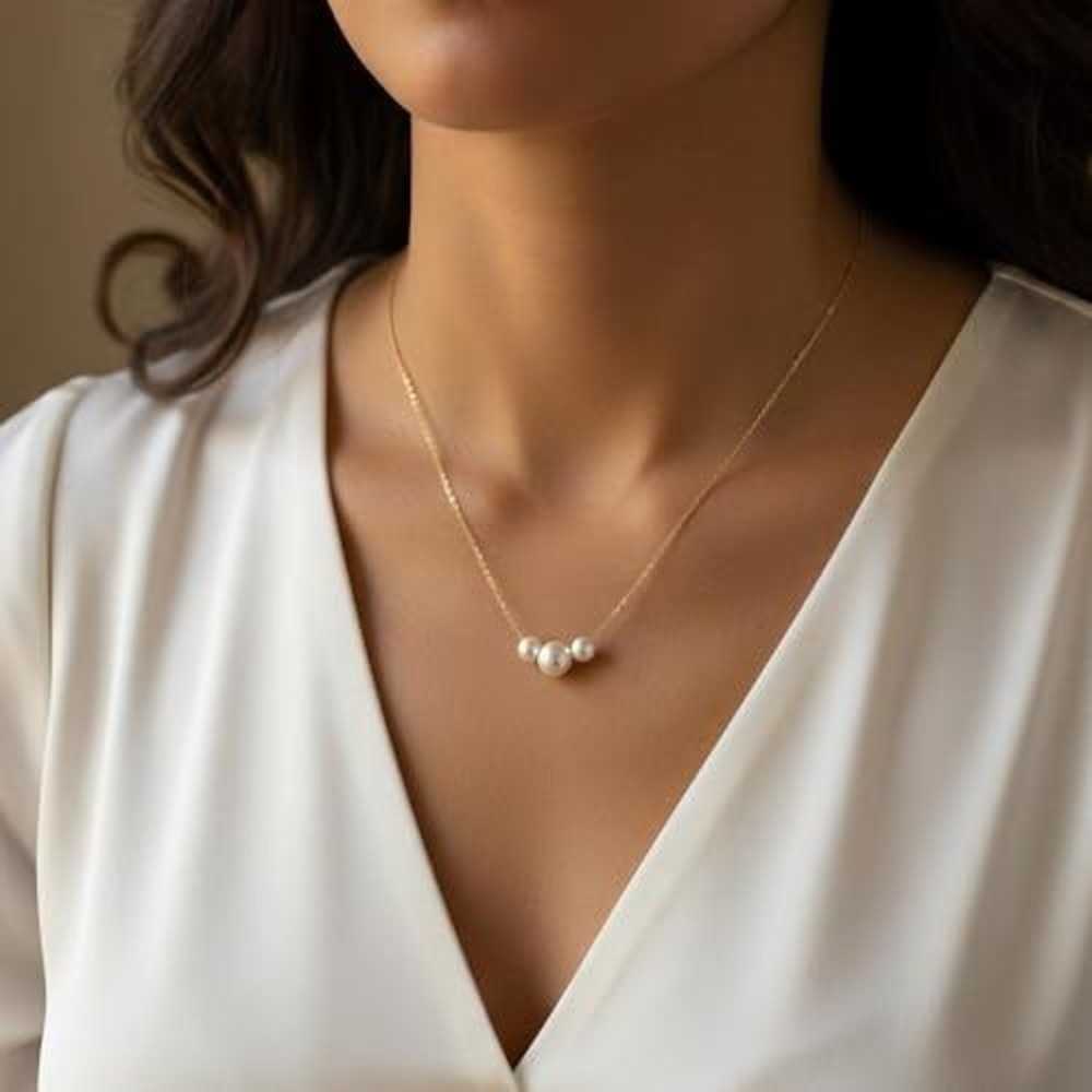 Gold Triple Pearl Necklace Minimalist Floating Pearl‎ Pendant Chain Jewelry
